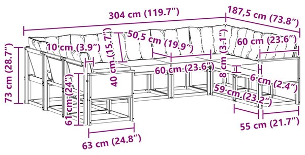VidaXL Kültéri kanapé szett párnával 9 pcs Természetes és krémszínű