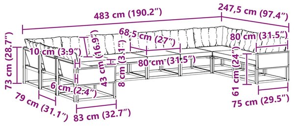 VidaXL Kültéri kanapé szett párnával 10 pcs Természetes és Fekete