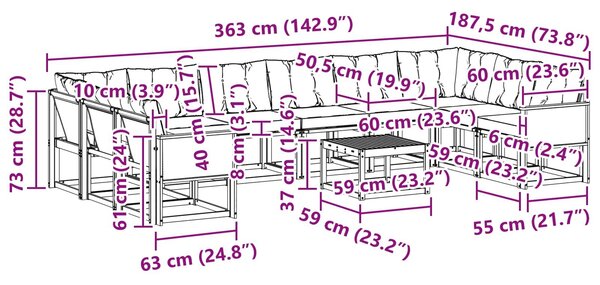 VidaXL Kültéri kanapé szett párnával 11 pcs Természetes és krémszínű
