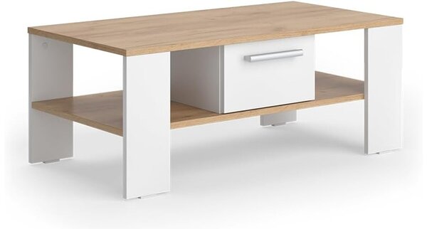 Vicco Wilmut fiókos nappali dohányzóasztal, tölgy/fehér, 89,8 × 46,4 cm