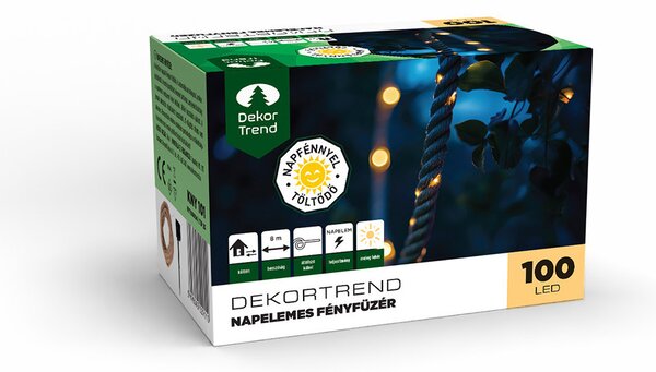Dekortrend Napelemes LED kötél fényfüzér, 100 led, meleg fehér, 8m