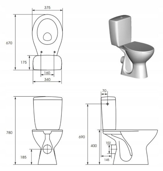 Cersanit elnök, WC kombi öblítéssel 3 / 6l + antibakteriális ülőke hőre keményedő, fehér, K100-394