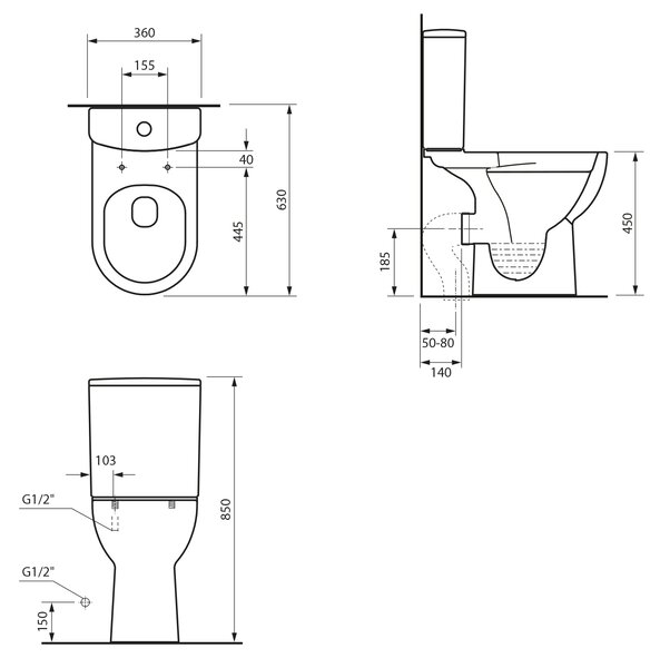 Sapho Sapho, SANIVEX kombi WC, magasított ülőke, perem nélküli, alsó/hátsó lefolyó, fehér, PC108WR
