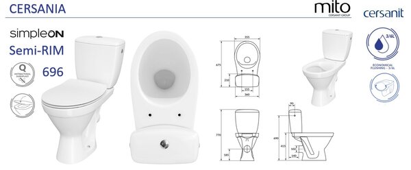 Cersanit Cersania SimpleOn 010 - WC kombi 3 / 6l + Vékony ülőke lassan záródó hőre keményedő, vízszintes hulladék, fehér, K11-2338