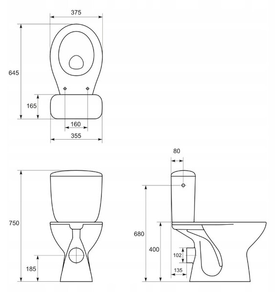 Cersanit elnök, kombi WC öblítéssel 3 / 6l, vízszintes lefolyó + antibakteriális ülőke polipropilénből, fehér, K08-028