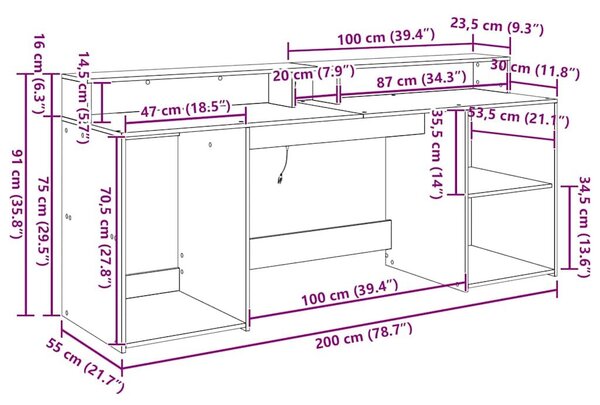 VidaXL Asztal LED -es lámpákkal Musta tammi 200 x 55 x 91 cm Faanyag