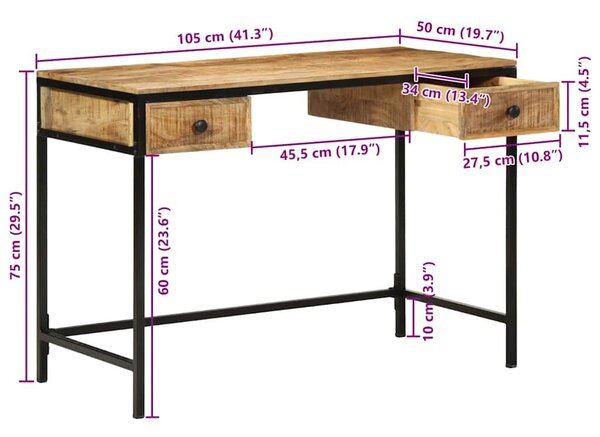 VidaXL Asztal fiókkal tárolóval Barna 105 x 50 x 75 cm Tömör mangófa