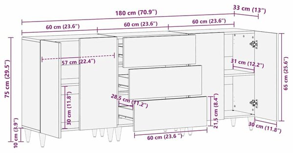 VidaXL Fürdőszoba bútor szett 3 pcs Mézbarna és Arany 180 x 33 x 75 cm