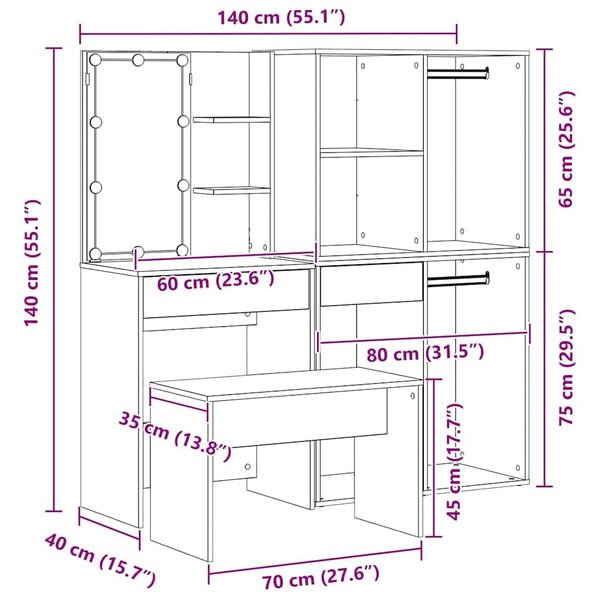 VidaXL LED-es öltözködő asztal szett 4 pcs Fekete tölgy Faanyag