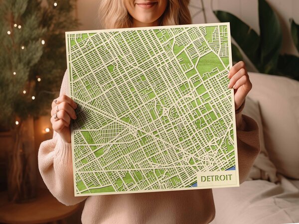 Detroit 3D fa várostérkép fali dekoráció – Natura Products