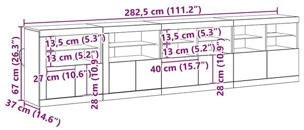 VidaXL LED tálaló Öreg fa 283 x 37 x 67 cm Szerelt Fa