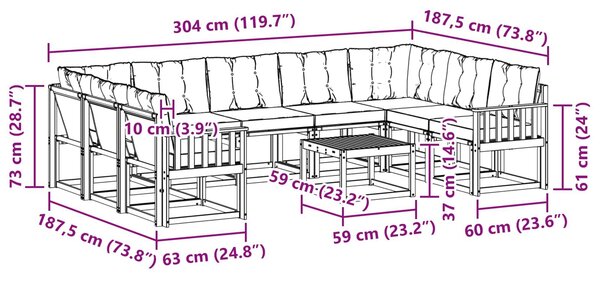 VidaXL Kültéri kanapé szett 10 pcs Természetes és fekete Tömör Akácfa