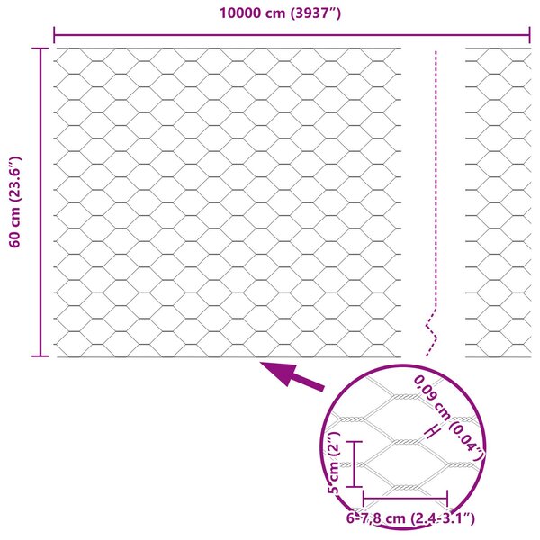 VidaXL Hatszögletű kerítés talajrögzítő 100 x 0,6 m PVC-bevonatos acél