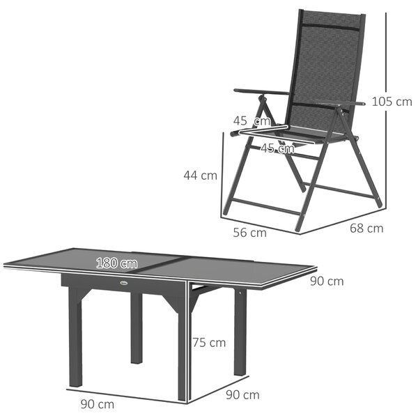 Outsunny 7 Részes Kerti Bútor Szett Bővíthető Asztallal és 6 Összecsukható Kéztámlás Székkel, 180/90x90x75 cm, Szürke