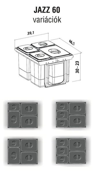 EKOTECH - Beépíthető hulladékgyűjtő JAZZ 60 - 2x12 liter+3x5 liter
