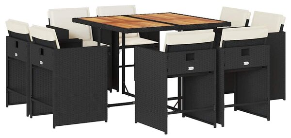 VidaXL 9 részes fekete polyrattan kerti étkezőgarnitúra párnákkal