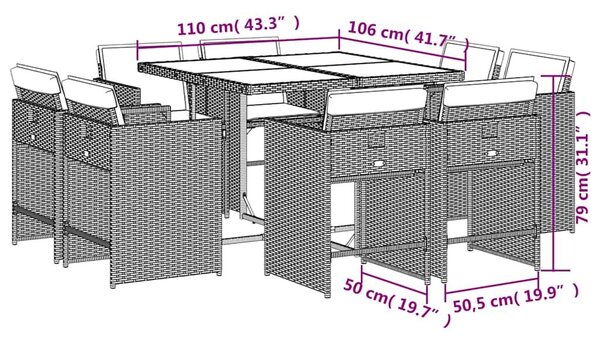 VidaXL 9 részes fekete polyrattan kerti étkezőgarnitúra párnákkal
