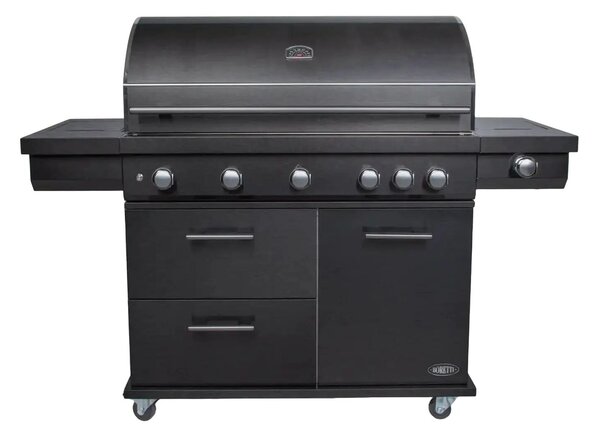 Boretti gázgrill, Imperatore Nero, 5 égőfej, 80x48 cm főzőfelület, oldalsó égőfej, tárolóhelyek, lágyan záródó ajtók, beépített hőmérő, szállításhoz kerekek, szellőzőnyílások