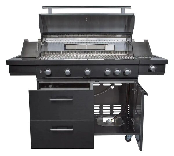 Boretti gázgrill, Imperatore Nero, 5 égőfej, 80x48 cm főzőfelület, oldalsó égőfej, tárolóhelyek, lágyan záródó ajtók, beépített hőmérő, szállításhoz kerekek, szellőzőnyílások
