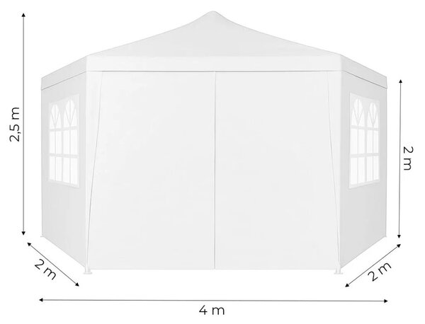 Kerti pavilon sátor, fehér, 2×2×2 m, 6 oldalfal ablakokkal, rögzíthető vázzal