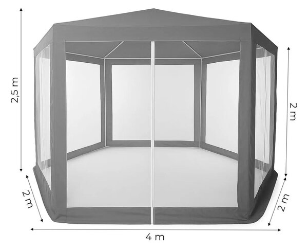 Kerti pavilon sátor 2×2×2 m, szúnyoghálós, szürke, fém vázzal