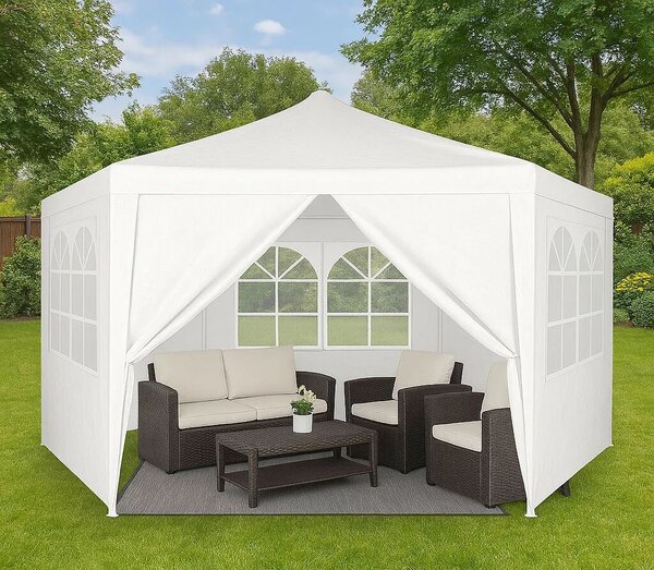 Kerti pavilon sátor, fehér, 2×2×2 m, 6 oldalfal ablakokkal, rögzíthető vázzal