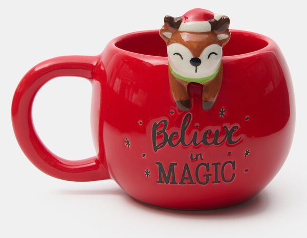 Sinsay - Karácsonyi kerámia bögre rénszarvas figurával és „Believe in Magic” felirattal - piros