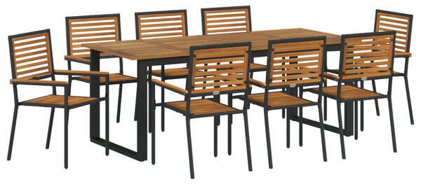 9 darabos kerti étkező szett fekete poli rattan akác, Egymásra rakható kerti székek párnákkal 2 db fekete poli rattan