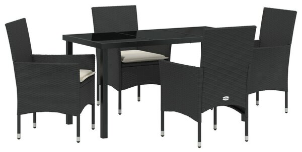 5 Darabos Kerti Étkező Szett Párnákkal Fekete Polirattan, Kerti Asztal Fekete 140x80x73 cm Edzett Üveg