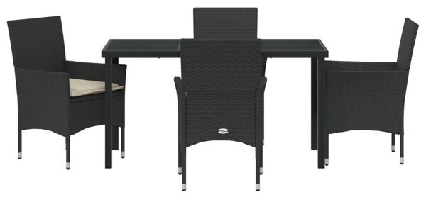 5 Darabos Kerti Étkező Szett Párnákkal Fekete Polirattan, Kerti Asztal Fekete 140x80x73 cm Edzett Üveg