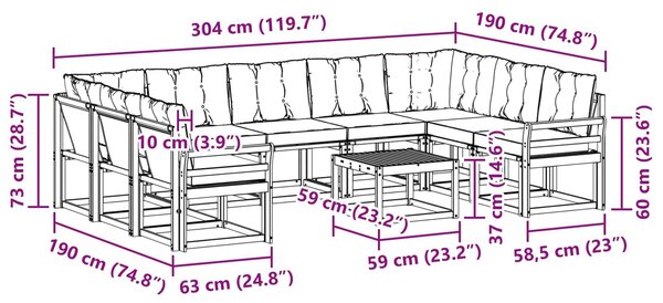 VidaXL Kültéri kanapé szett párnával 10 pcs Természetes és fekete