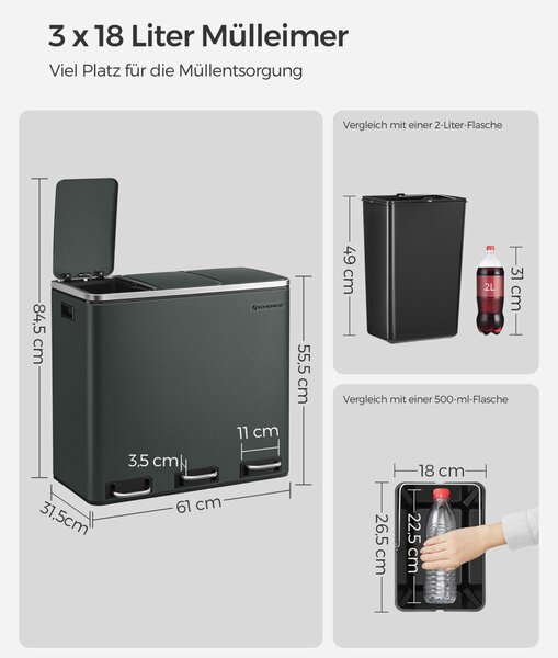 SONGMICS 3x18L Szelektív Hulladékgyűjtő Pedálos Szemeteskuka Puha Záródású Fedéllel Antracitszürke