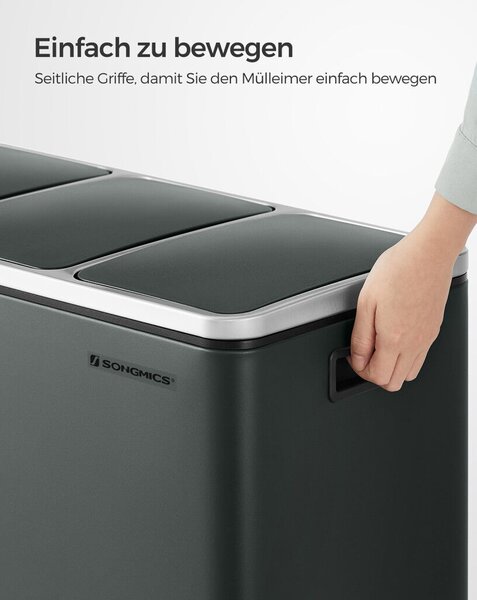 SONGMICS 3x18L Szelektív Hulladékgyűjtő Pedálos Szemeteskuka Puha Záródású Fedéllel Antracitszürke