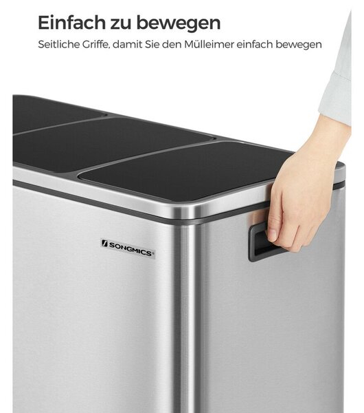 SONGMICS 3x18L Prémium Szelektív Hulladékgyűjtő Pedálos Szemeteskuka Puha Záródással Ezüst-Fekete