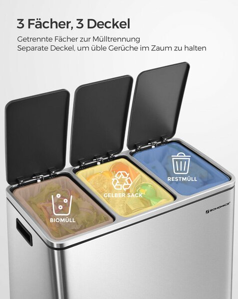 SONGMICS 3x18L Prémium Szelektív Hulladékgyűjtő Pedálos Szemeteskuka Puha Záródással Ezüst-Fekete