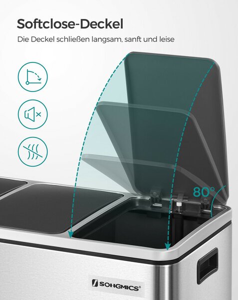 SONGMICS 3x18L Prémium Szelektív Hulladékgyűjtő Pedálos Szemeteskuka Puha Záródással Ezüst-Fekete