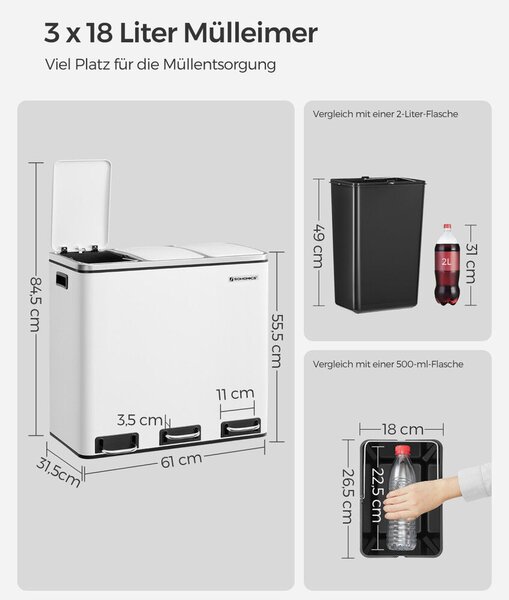 SONGMICS Háromrekeszes Szelektív Hulladékgyűjtő Pedálos Szemetes 3x18L Fehér