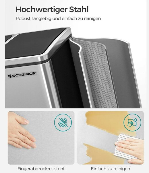 SONGMICS 3x18L Prémium Szelektív Hulladékgyűjtő Pedálos Szemeteskuka Puha Záródással Ezüst-Fekete