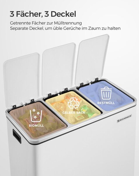 SONGMICS Háromrekeszes Szelektív Hulladékgyűjtő Pedálos Szemetes 3x18L Fehér