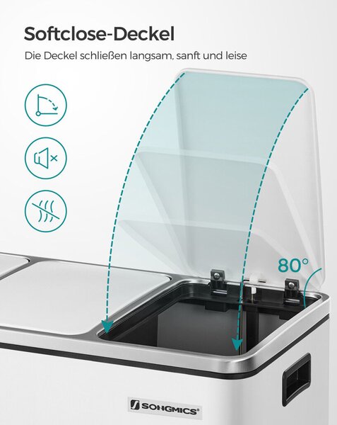 SONGMICS Háromrekeszes Szelektív Hulladékgyűjtő Pedálos Szemetes 3x18L Fehér