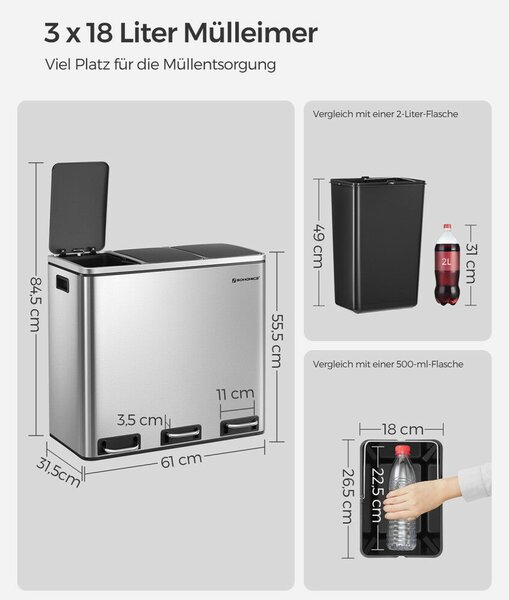 SONGMICS 3x18L Prémium Szelektív Hulladékgyűjtő Pedálos Szemeteskuka Puha Záródással Ezüst-Fekete
