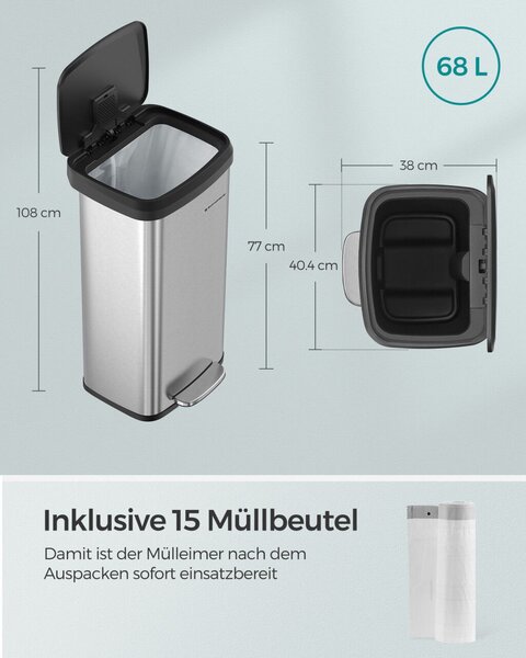 SONGMICS Prémium Rozsdamentes Acél Pedálos Szemeteskuka 68L Soft-Close Fedéllel