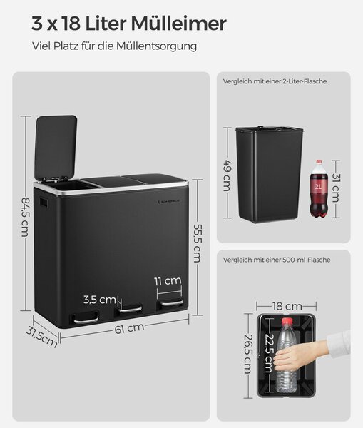 SONGMICS Hármas Szelektív Hulladékgyűjtő Pedálos Szemetes 3x18L Fekete