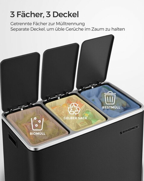 SONGMICS Hármas Szelektív Hulladékgyűjtő Pedálos Szemetes 3x18L Fekete