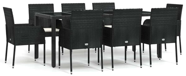 VidaXL 9 részes fekete polyrattan kerti étkezőgarnitúra párnákkal