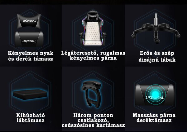 Likeregal 920 masszázs gamer szék lábtartóval kék