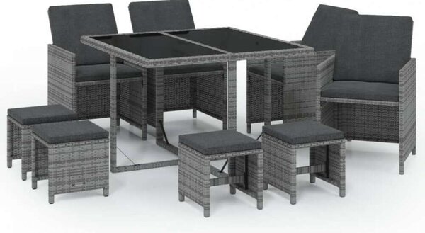 VidaXL 9 részes szürke polyrattan kerti étkezőgarnitúra párnákkal