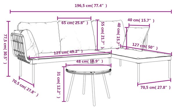 Polyrattan Kerti Ülőgarnitúra - 3 részes - Bézs Párnákkal