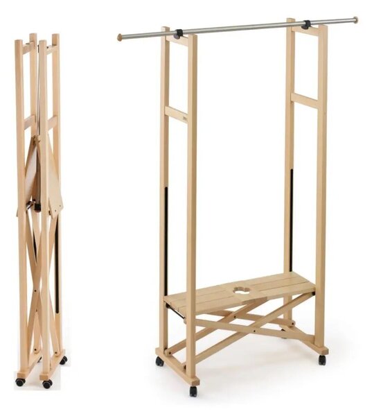 Arredamenti Italia mobil kabáttartó, 168x78 cm, összecsukható, polccal, kihúzható rúddal, bükkfa szerkezet, praktikus és elegáns kialakítás, hordozható, kerekek rögzítőrendszerrel, natúr fa