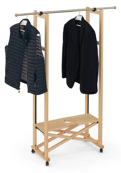 Arredamenti Italia mobil kabáttartó, 168x78 cm, összecsukható, polccal, kihúzható rúddal, bükkfa szerkezet, praktikus és elegáns kialakítás, hordozható, kerekek rögzítőrendszerrel, natúr fa